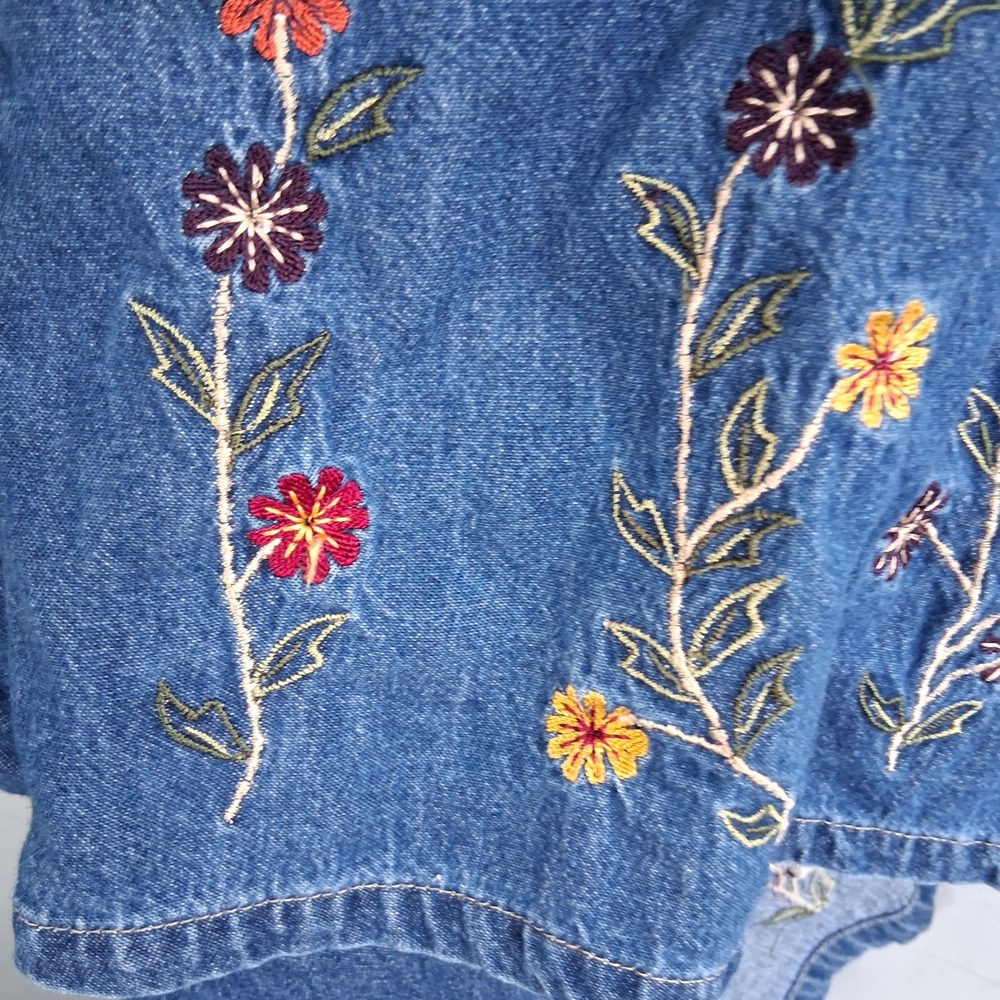 Vtg Cottagecore Prairie Blue Denim Maxi Jumper Dress Floral Embroidered 2X